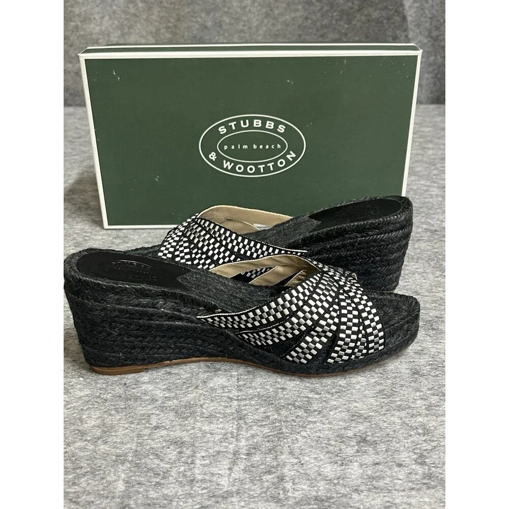 Stubbs Wooton Sandals Womens 7 Check Noir Kelly Espadrilles Wedges Rib Open Toe
